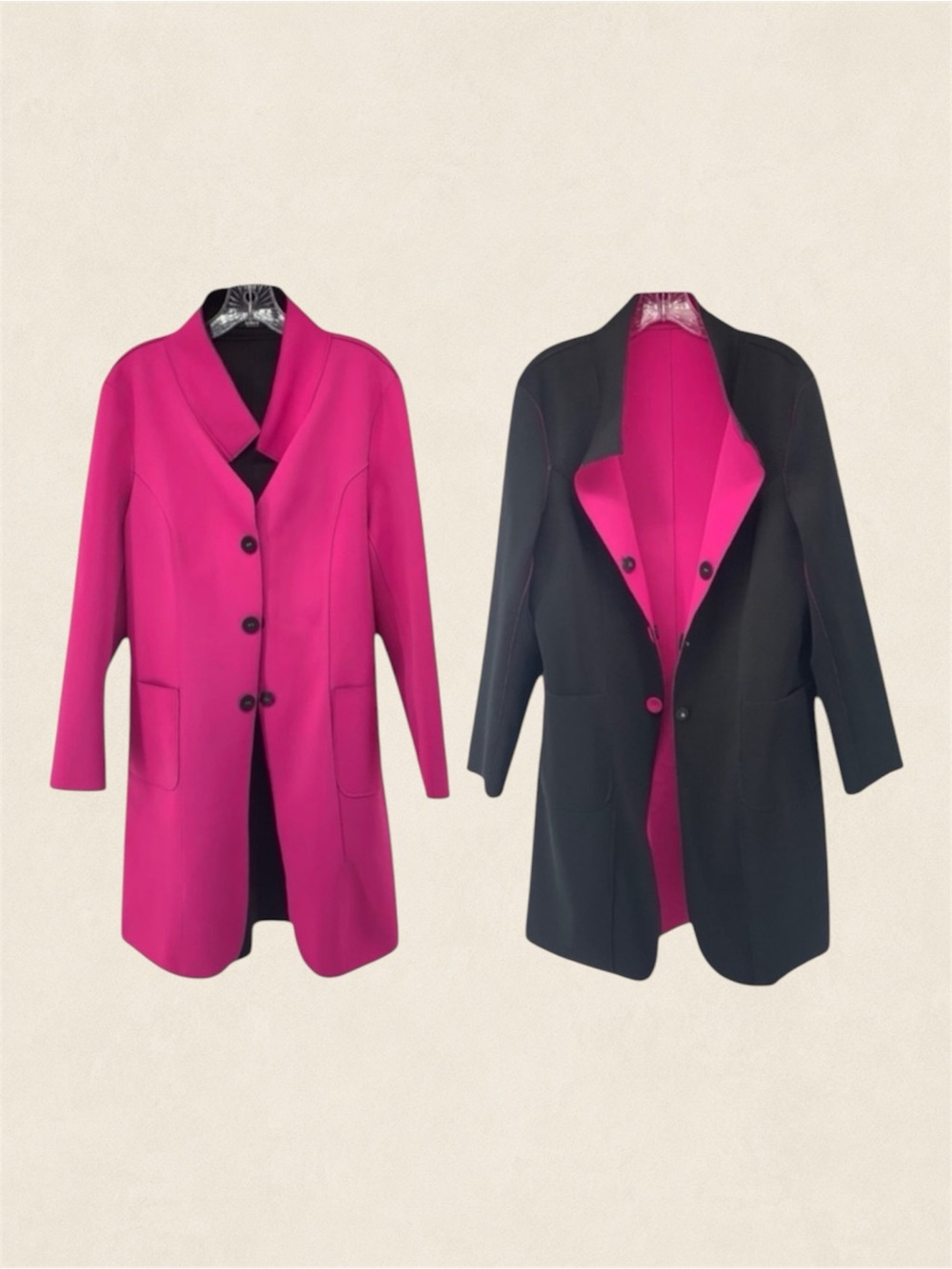 Reversible Black Fuchsia Scuba Coat Jacket Waterproof Minimalist Longline